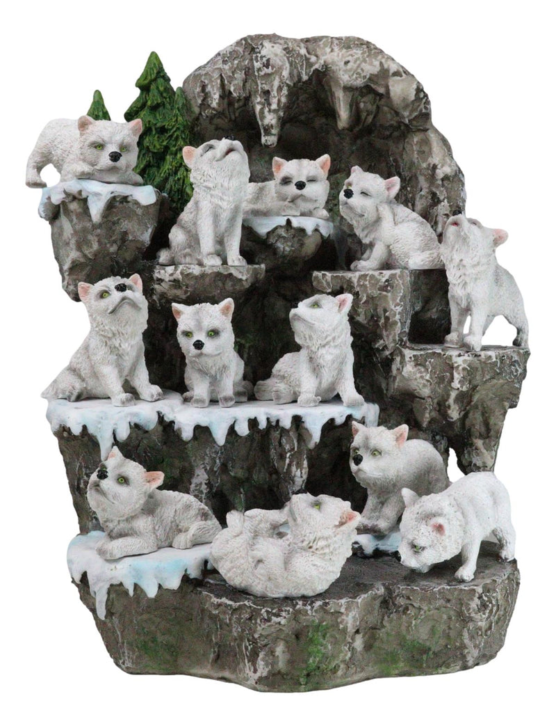 Snow Capped Wolf Den Rocky Cave Lair With Pine Trees LED Display Stand Sculpture
