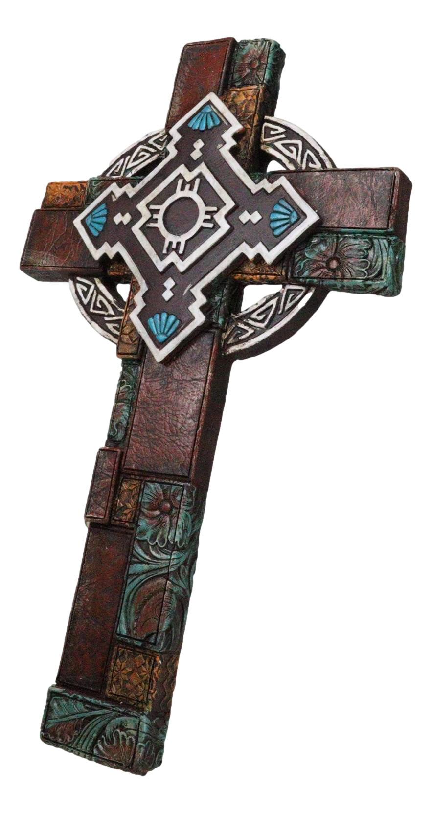 Southwestern Aztec Vector Wheel Trinity Turquoise Floral Faux Leather Wall Cross