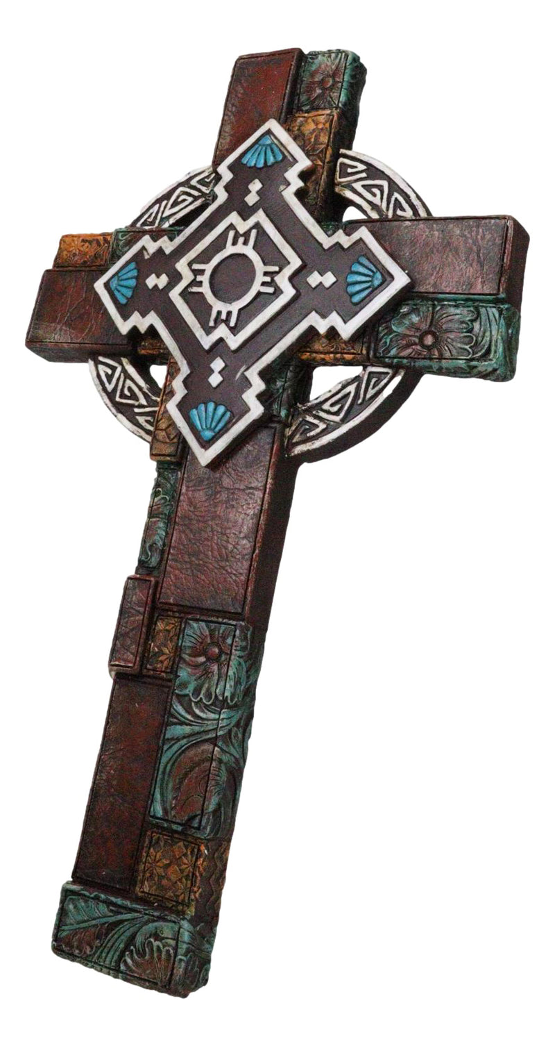 Southwestern Aztec Vector Wheel Trinity Turquoise Floral Faux Leather Wall Cross
