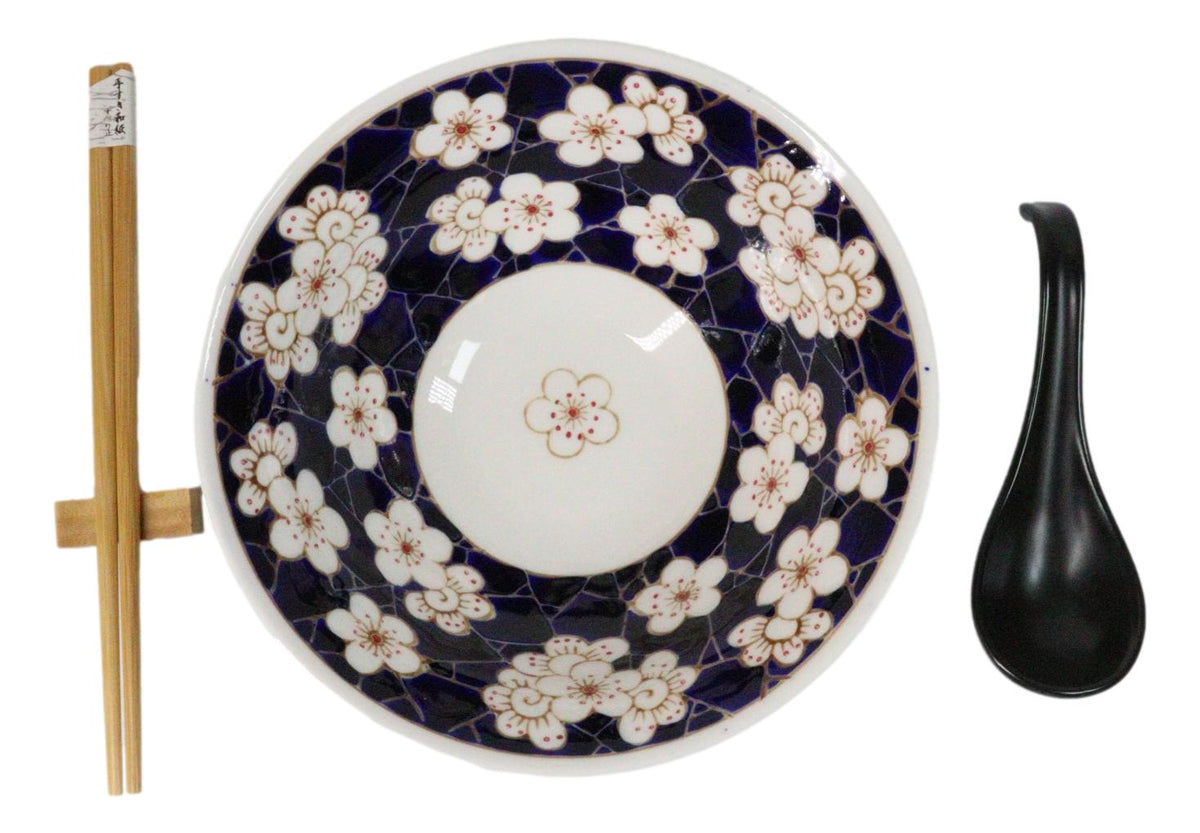 White Ume Plum Flowers Ceramic Ramen Bowl Soup Spoon Chopsticks And Rest Set