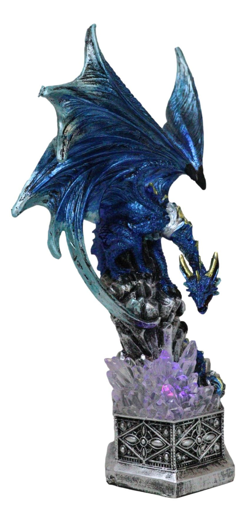Armored Blue Guardian Water Elemental Dragon On LED Crystals Pedestal Figurine