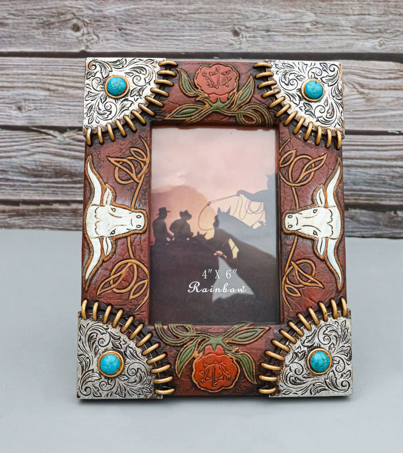 Rustic Western Longhorns Silver Conchos Turquoise Gems Picture Photo Frame 4"X6"