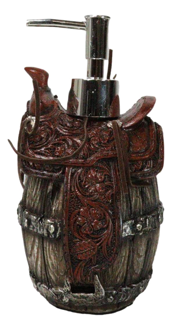 Rustic Western Faux Leather Cowboy Horse Saddle On Barrel Soap Pump Dispenser