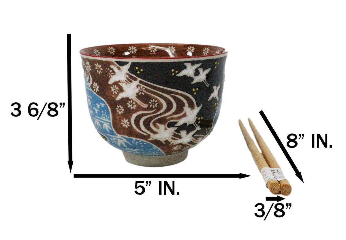 White Japanese Cranes Ceramic Donburi Ramen Soup Bowl With Chopsticks Set