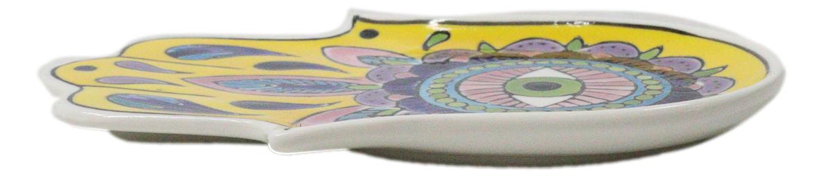 Yellow Chakra Hamsa Palm Mandala and Evil Eye Ceramic Dish Brass Incense Holder