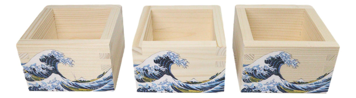Set Of 3 Great Wave Of Kanagawa Hokusai Traditional Masu Square Box Sake Cups