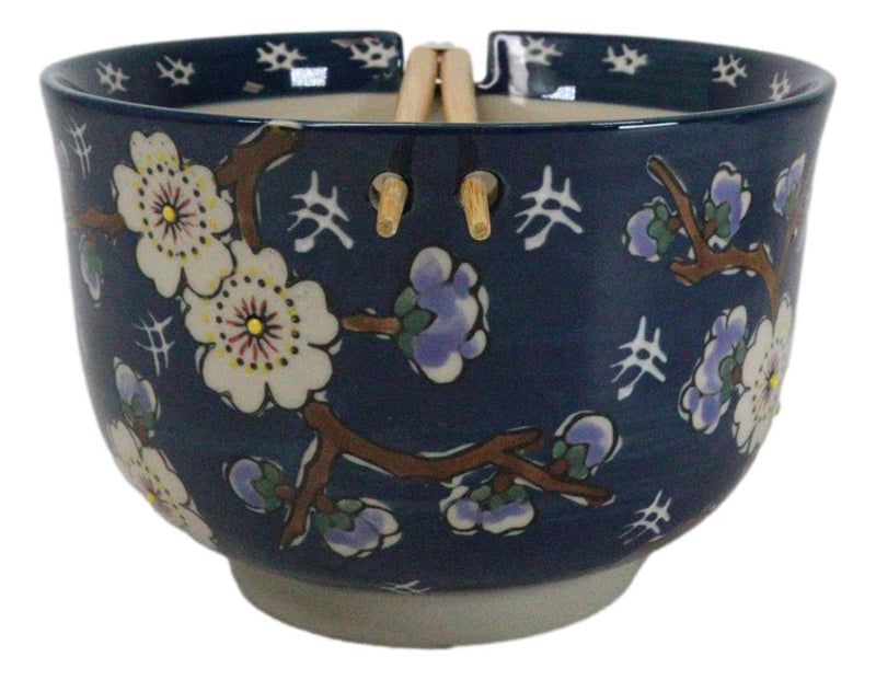 Midnight Blue Plum Blossoms Large 24Oz Donburi Ramen Bowl With Chopsticks Set