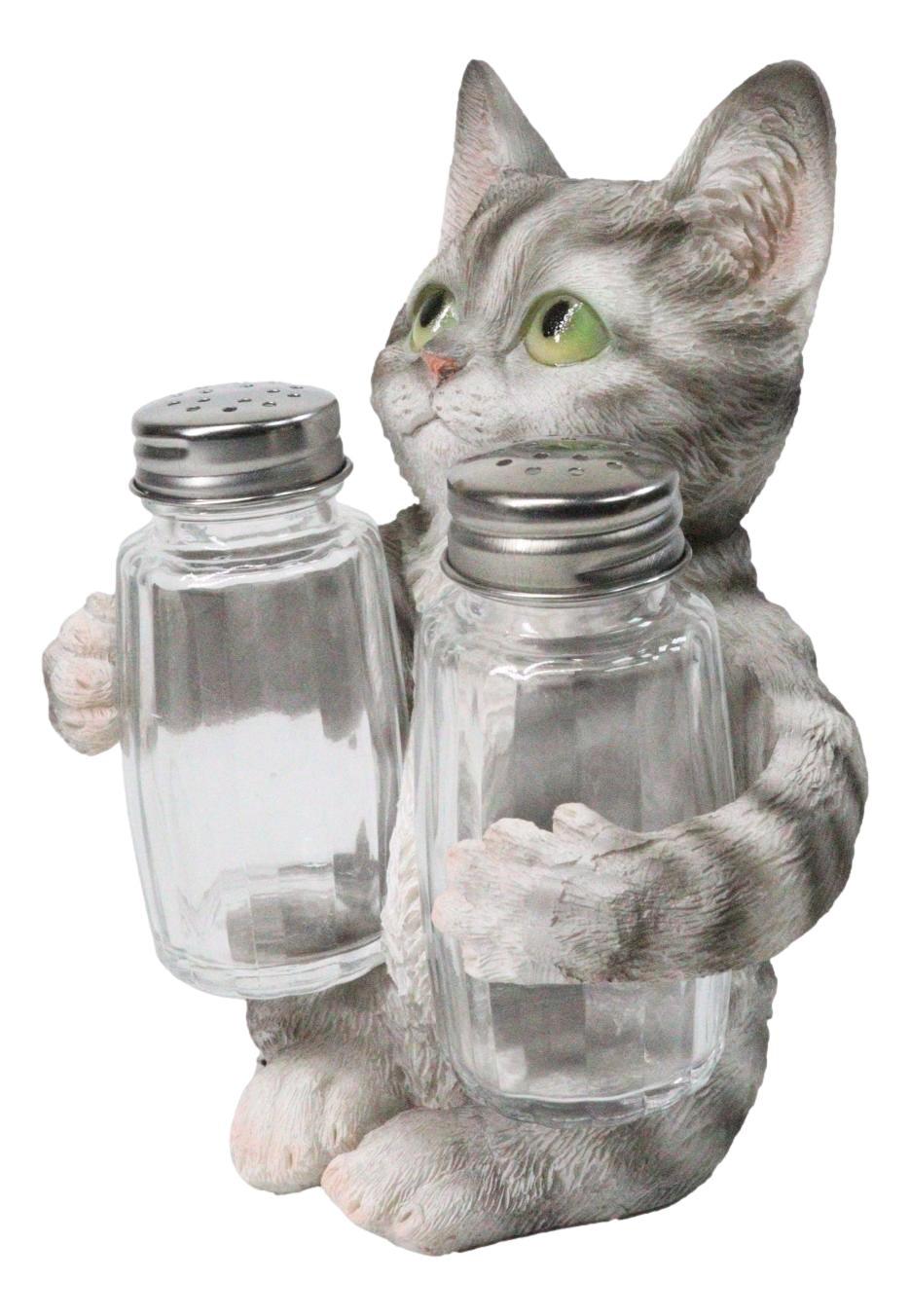 Gray Tabby Cat Salt and Pepper Glass Shakers Holder Set Cute Kitten Figurine