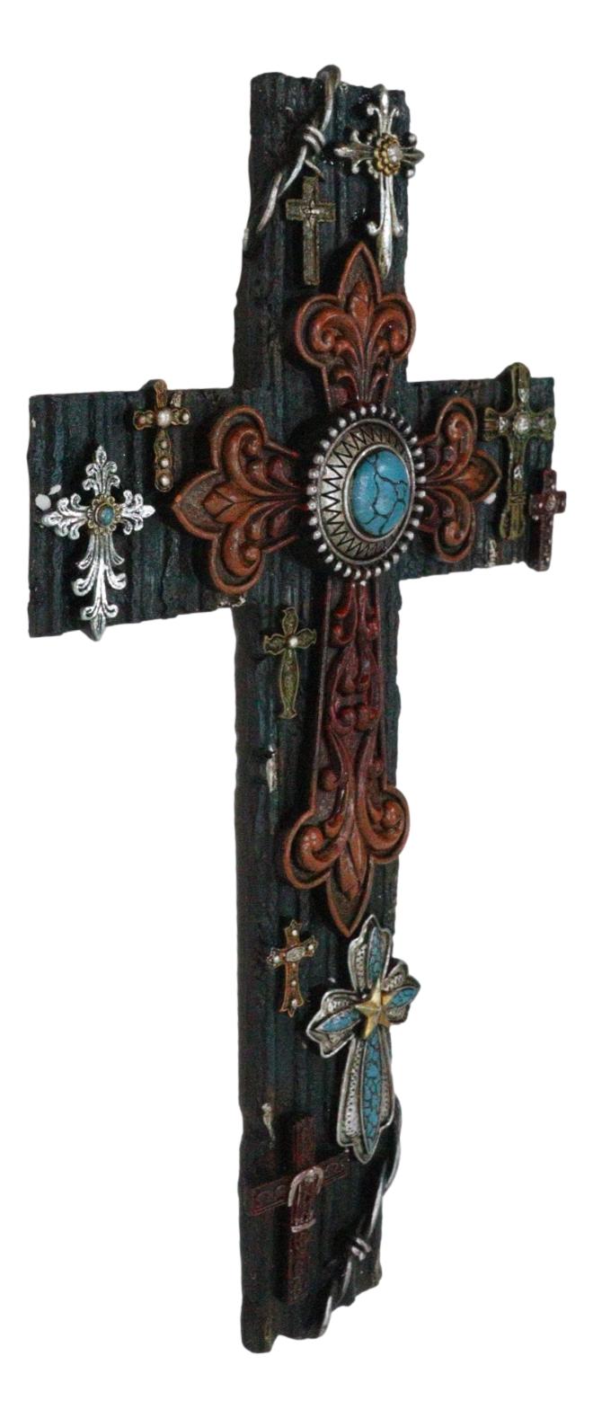Rustic Western Layered Crosses Fleur De Lis Cowboy Turquoise Tooled Wall Cross