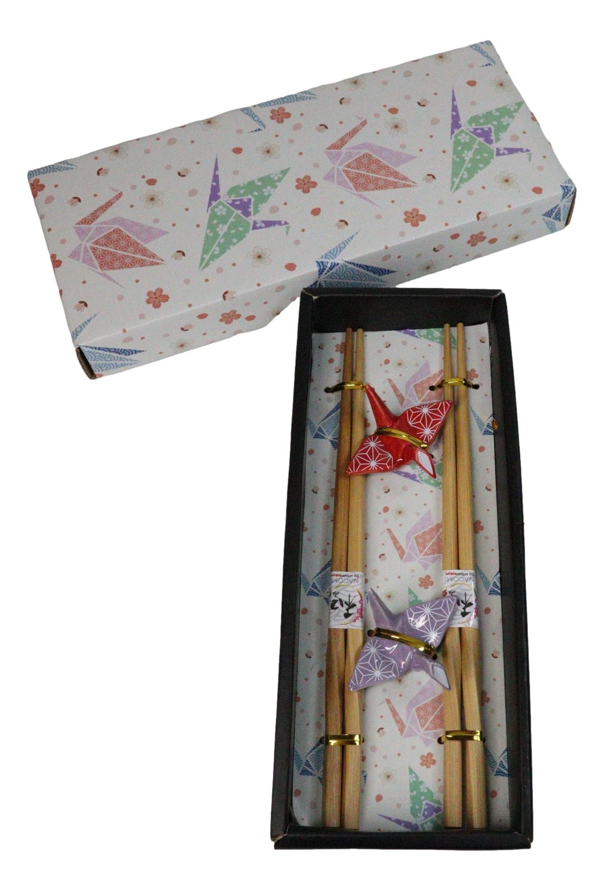 Red And Purple Origami Cranes Set of 2 Wooden Chopsticks And Ceramic Rests Set