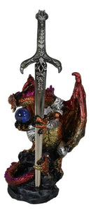 Red Metallic Fire Knight Dragon With Orb and Gothic Sword Letter Opener Figurine