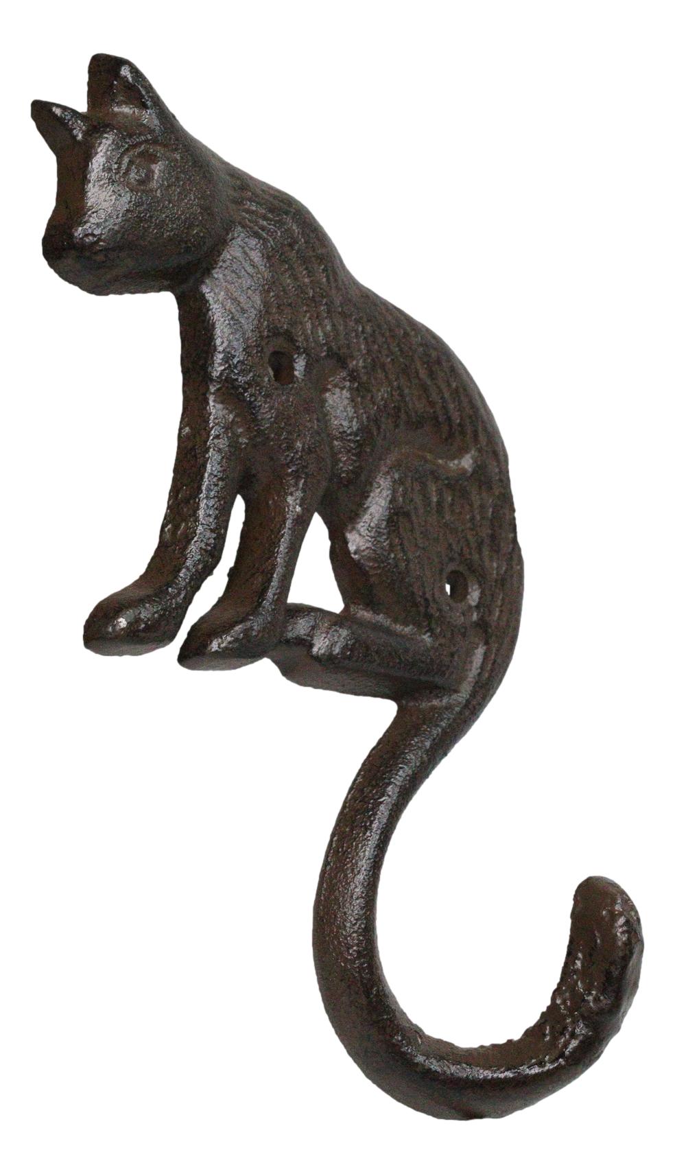 Pack of 2 Cast Iron Rustic Feline Kitty Cat with Playful Tail Wall Hooks