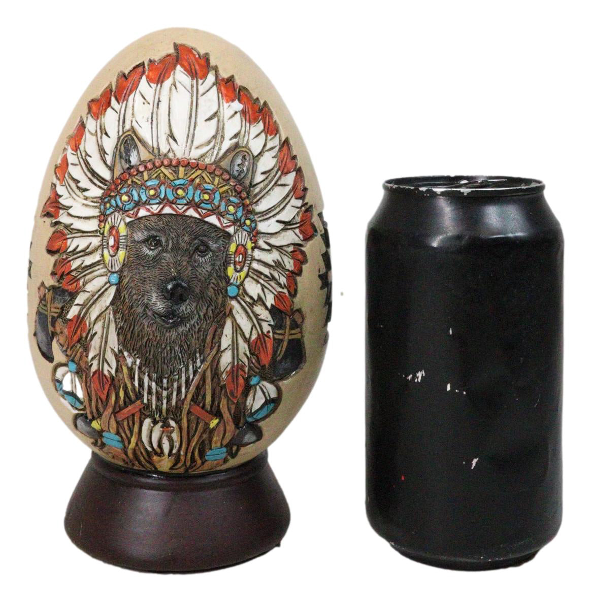 Tribal Indian Chief Wolf With Headdress Roach Egg Shaped Money Bank Figurine