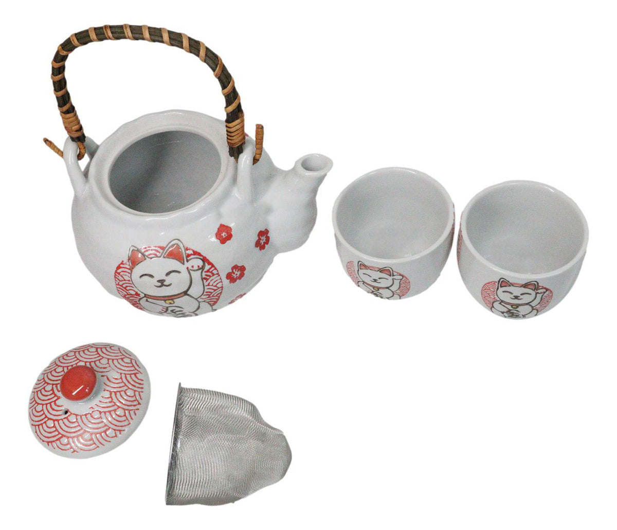 White Red Maneki Neko Lucky Cat Ceramic Tea Pot And 2 Cups Set Bamboo Handle