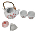 White Red Maneki Neko Lucky Cat Ceramic Tea Pot And 2 Cups Set Bamboo Handle