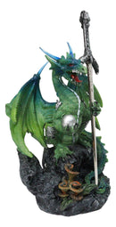 Green Dragon Holding Silver Orb And Draconian Sword Letter Opener Figurine