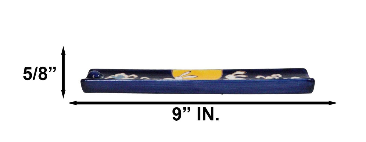 Ebros Moon Rabbit Blue Hand Painted Ceramic Incense Stick Holder Ash Catcher