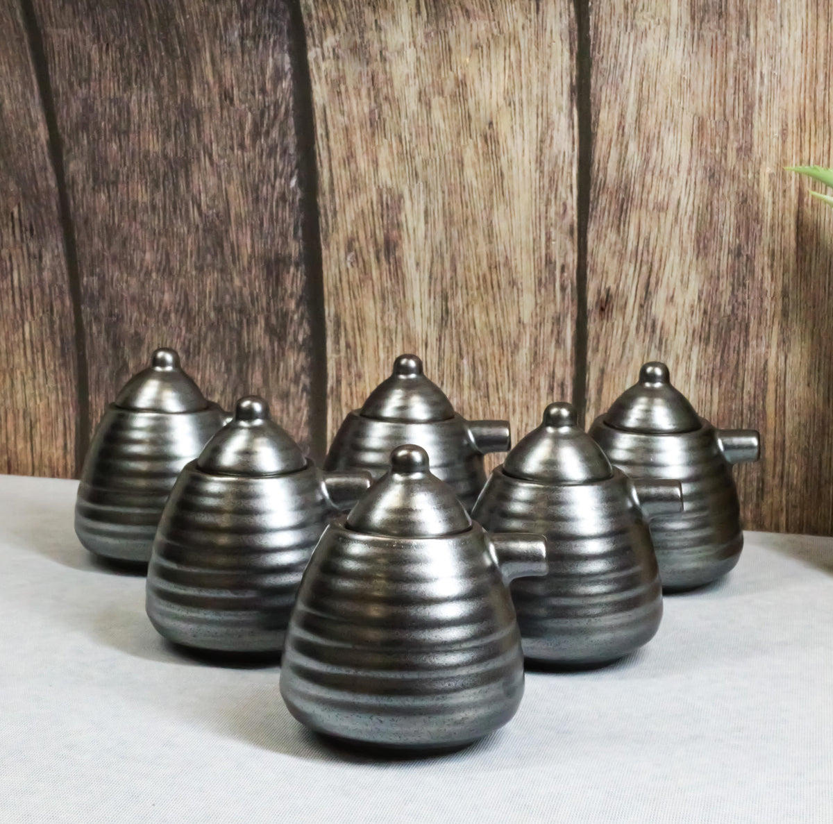 Set Of 6 Tetsu Kesho Black Tenmoku Porcelain Soy Sauce Shoyu Flask Dispensers