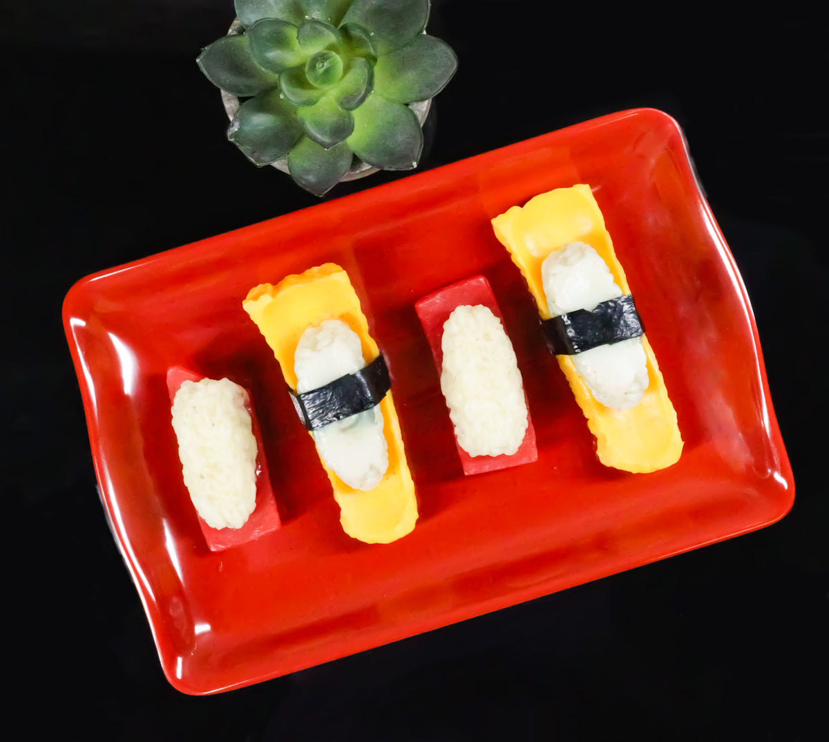 Set Of 6 Traditional Red And Black Melamine Rectangular Wavy Sushi Plates 8"L
