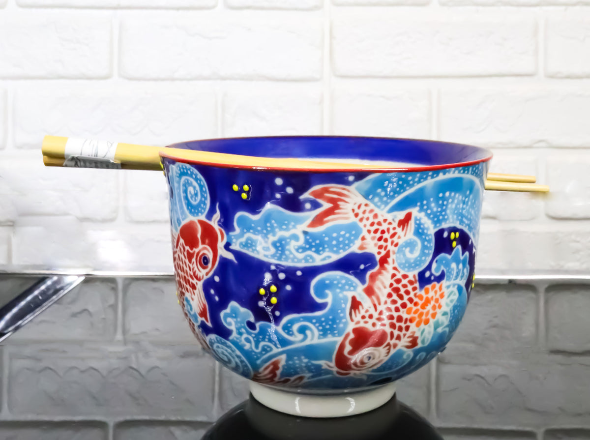 Auspicious Red Koi Fishes In Blue Waters Donburi Ramen Bowl With Chopsticks Set