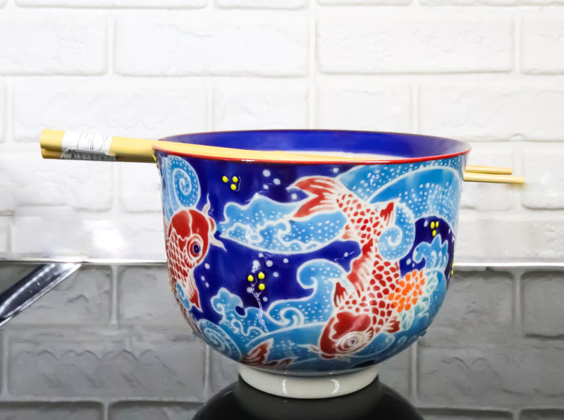 Auspicious Red Koi Fishes In Blue Waters Donburi Ramen Bowl With Chopsticks Set