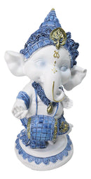 Blue White Hindu Elephant God Dancing Ganesha With Mridangam Drum Figurine