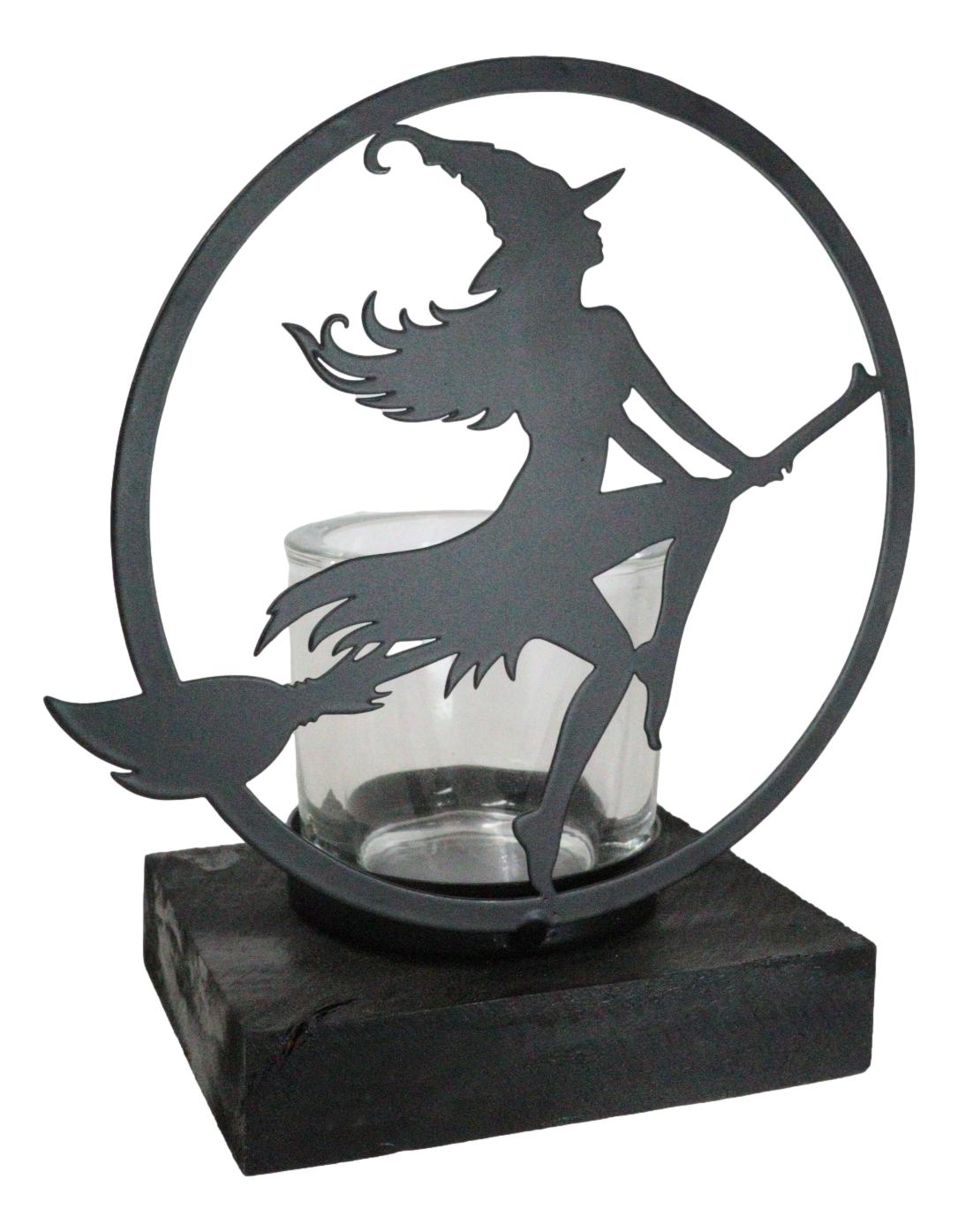 Wicca Grand High Witch Riding On Broomstick Coated Metal Votive Candle Holder