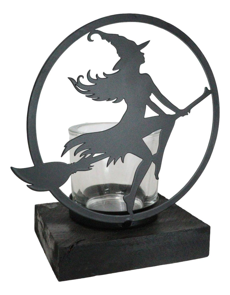 Wicca Grand High Witch Riding On Broomstick Coated Metal Votive Candle Holder