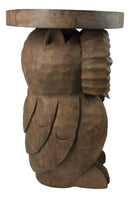 Hand Carved Whimsical Wise Owl Round Top Side Table Made Of Mango Wood 18" Tall