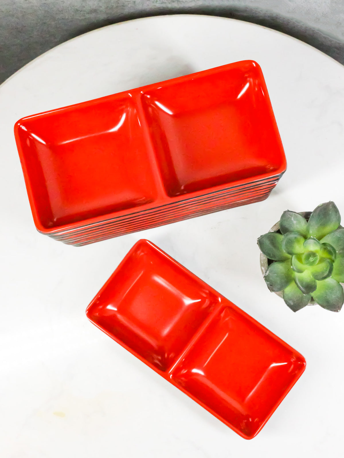 Pack Of 10 Red And Black Melamine Dipping Sauce Or Condiment 2 Partition Dishes