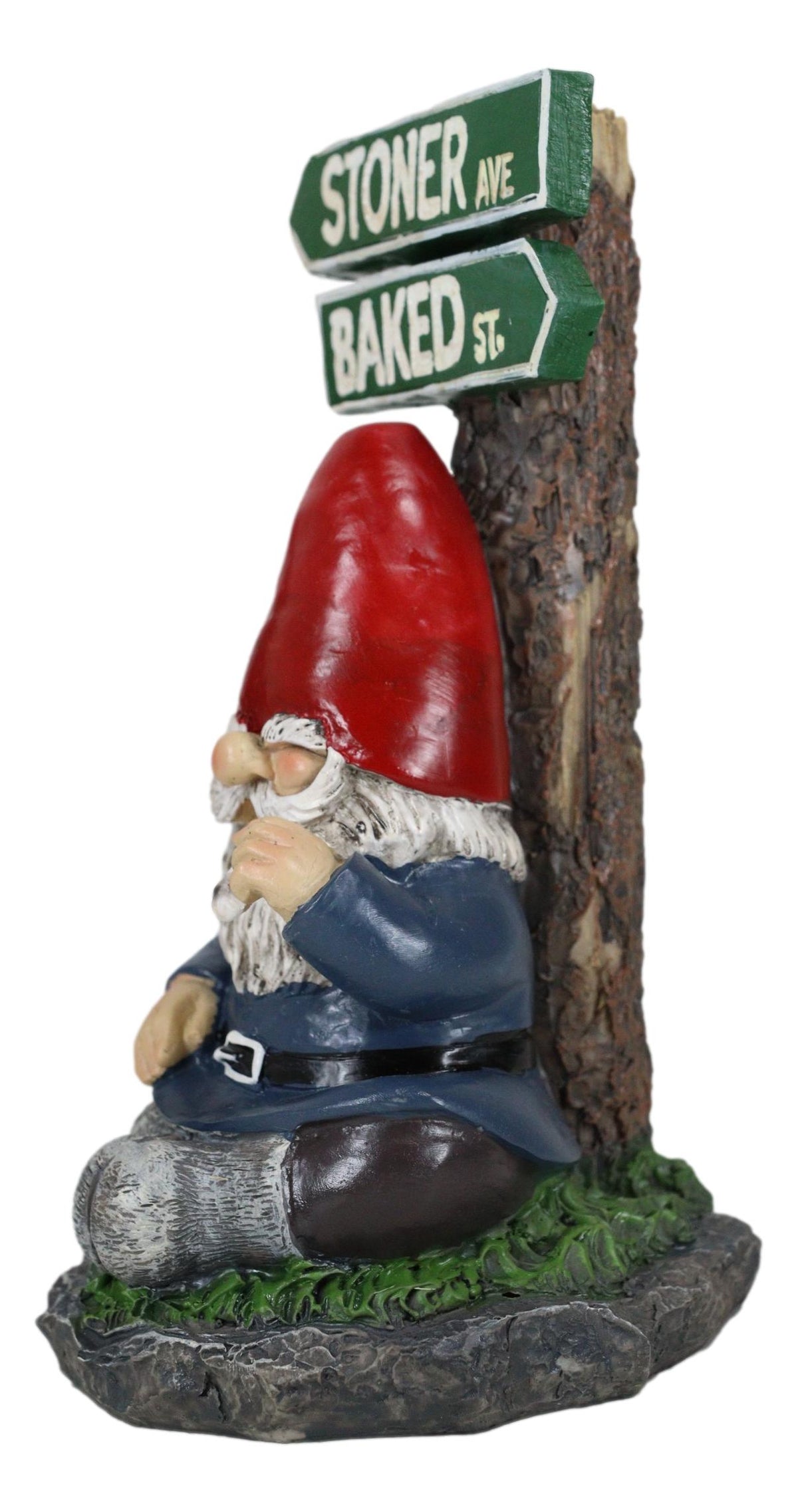 Mr Gnome Dwarf Stoner Smoking Stash Sitting By 'High' Way Crossroads Figurine