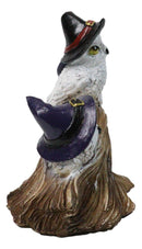 Halloween 5 Snow Owls and Owlets with Witch Hats Perching On Broomstick Figurine