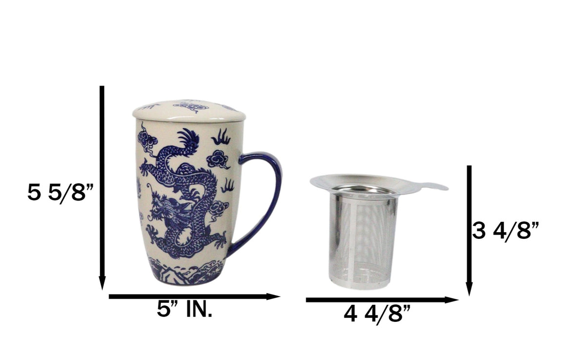 Blue Oriental Ryu Dragon 15oz Porcelain Tea Mug With Lid Stainless Steel Infuser