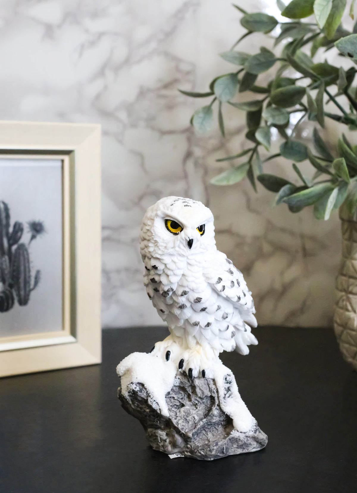 Tundra Forest Lone Snow White Owl Perching On Tree Branch Figurine 5"H