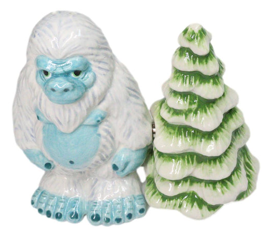 Himalayan Abominable Snowman Yeti And Pine Tree Ceramic Salt Pepper Shakers Set