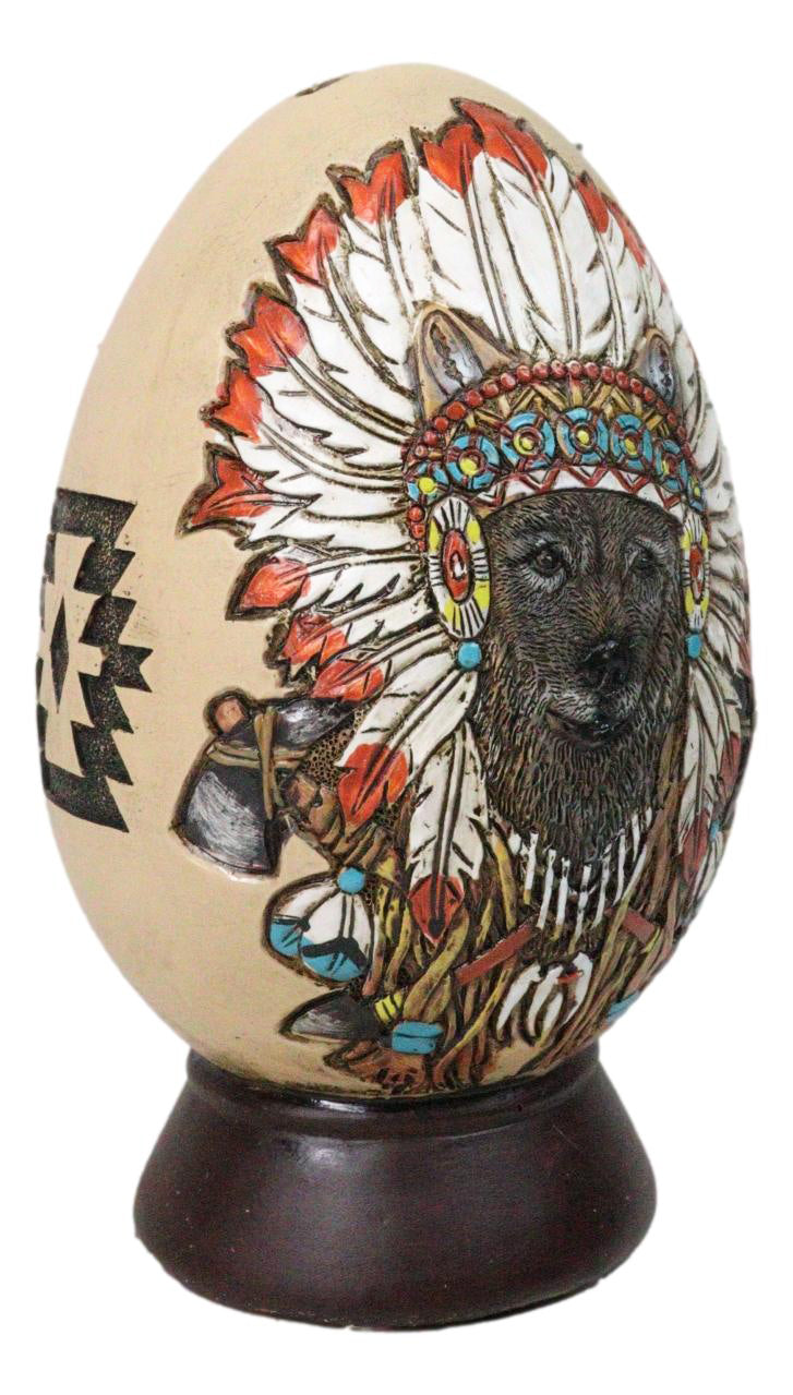 Tribal Indian Chief Wolf With Headdress Roach Egg Shaped Money Bank Figurine