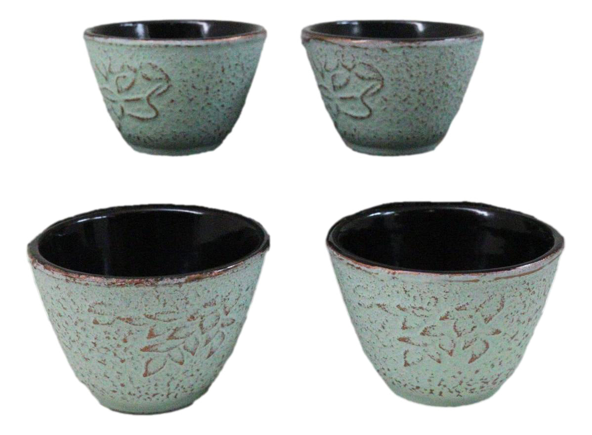Pack Of 4 Seafoam Green Floral Petals Cast Iron Tetsubin Textured Tea Cups 3oz