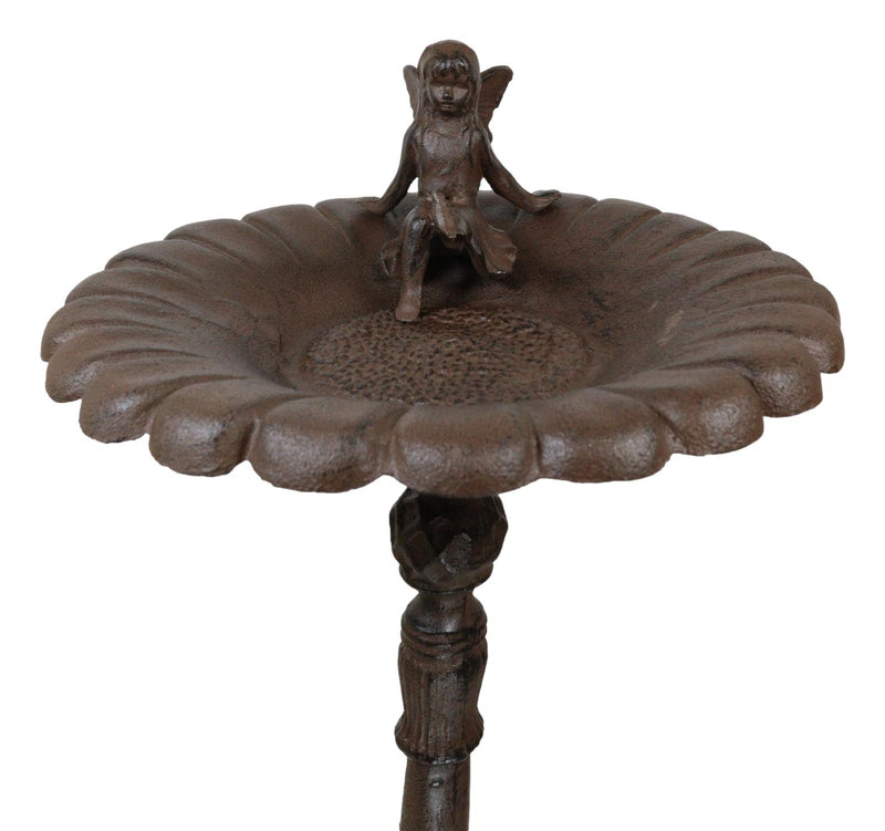 Cast Iron Pretty Garden Fairy Pixie On Sunflower Bird Feeder Bath Garden Statue