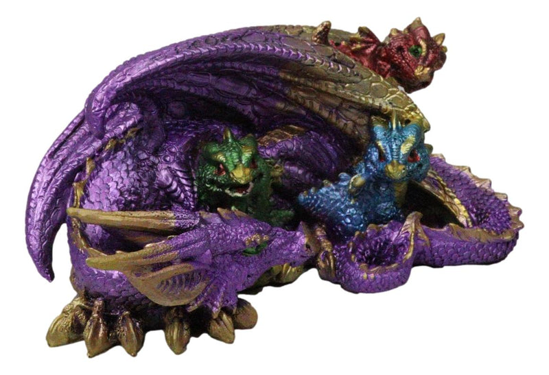 Magic Purple Mother Dragon Protecting Her Colorful Hatchling Babies Figurine