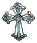 Southwest Silver French Fleur De Lis Crystals Turquoise Layered Wall Cross Decor
