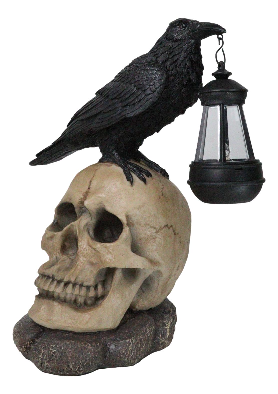 Ebros Edgar Corvus Raven Perching On Rose Skull Statue With Solar LED Lantern Light - Ebros Gift