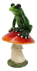 Rainforest Wildlife Green Pond Frog Sitting On Toadstool Mushroom Figurine