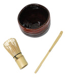Red Brown Fire Volcano Ceramic Japanese Matcha Green Tea Bowl Whisk & Scoop Set