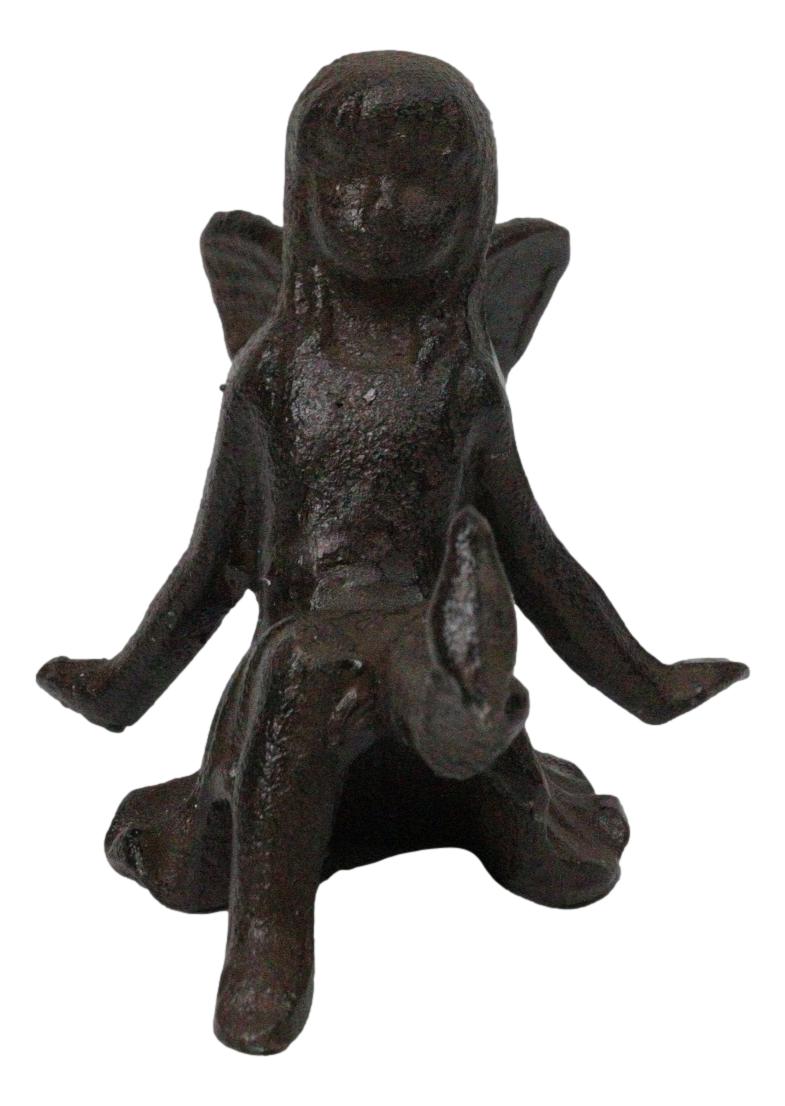 Cast Iron Sitting Whimsical Fairy With Bird On Her Feet Small Sculpture 5.75"L