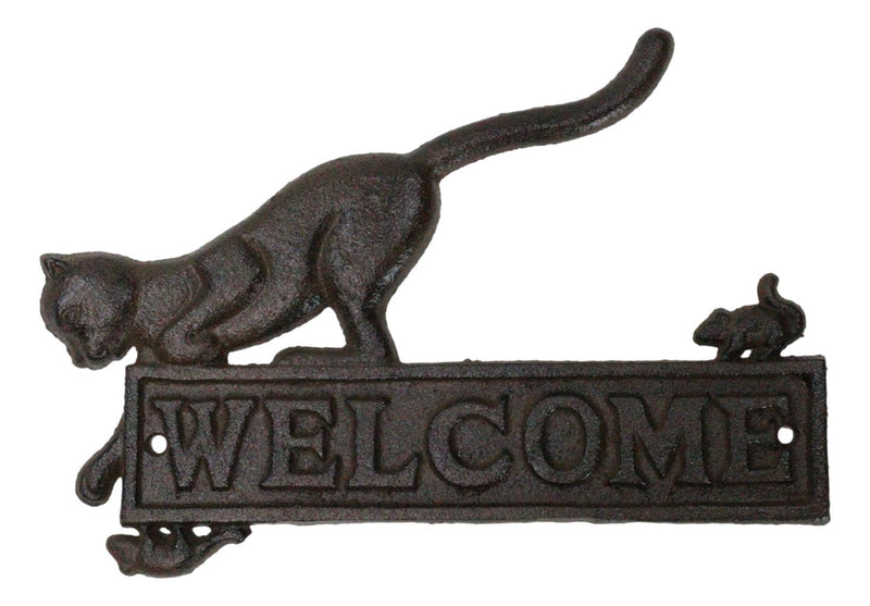 Cast Iron Whimsical Hungry Kitty Cat Chasing 2 Mice Wall Decor Welcome Sign