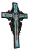 Rustic Faux Wood Turquoise Floral Scrollwork Arrows And King's Crown Wall Cross
