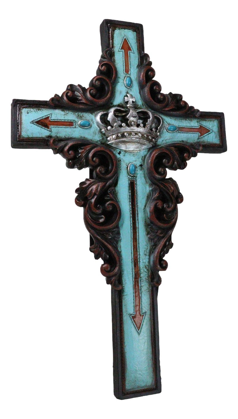 Rustic Faux Wood Turquoise Floral Scrollwork Arrows And King's Crown Wall Cross
