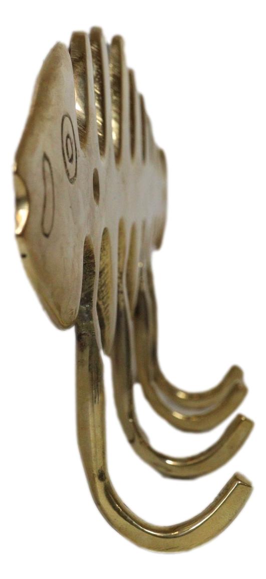 Brass Metal Golden Fishbone Fish Bone Marine Coastal 4 Peg Wall Hooks Plaque