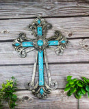 Southwest Silver French Fleur De Lis Crystals Turquoise Layered Wall Cross Decor