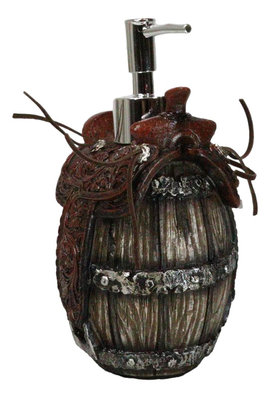 Rustic Western Faux Leather Cowboy Horse Saddle On Barrel Soap Pump Dispenser
